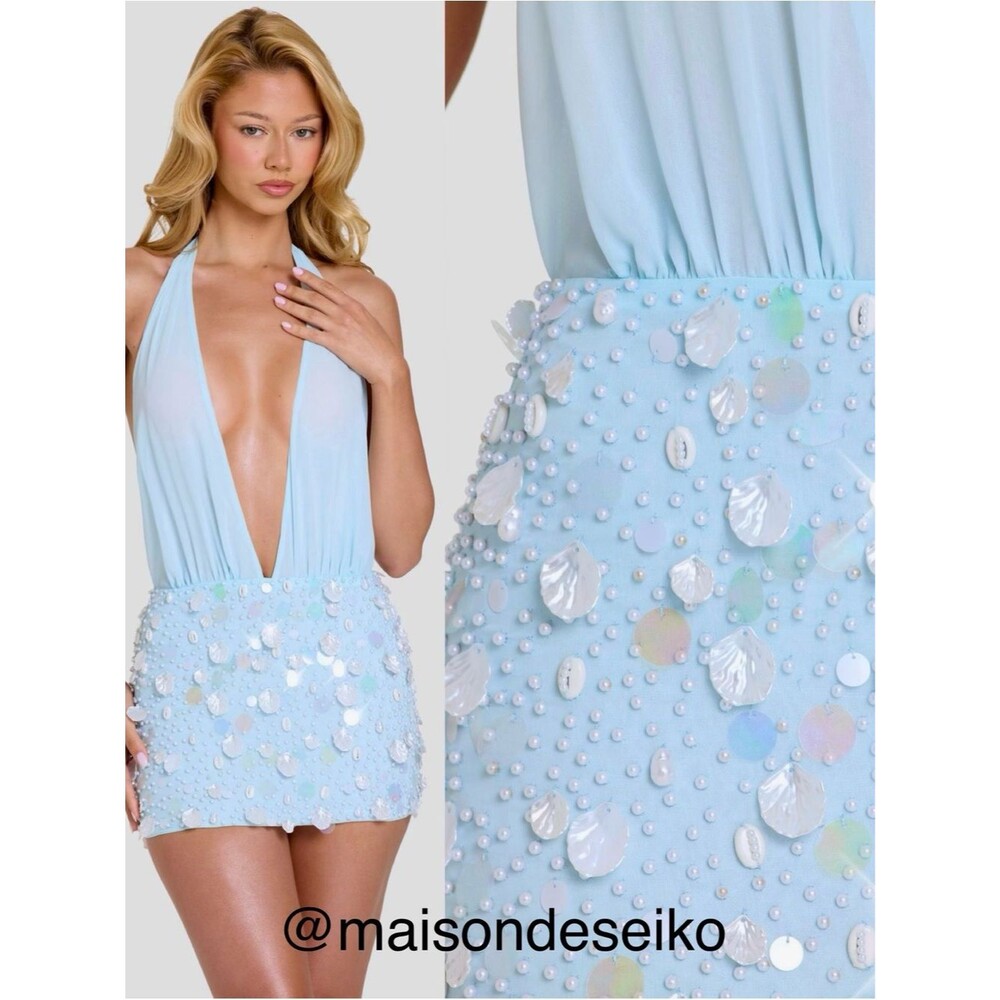 NEW Oh Polly Mini Dress Light Blue Sela Beaded Seashell Halter Low Rise size 0